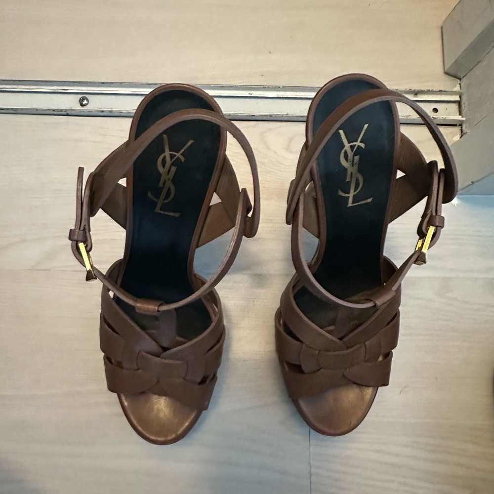 YSL Tribute Leather T-Strap Platform Sandals